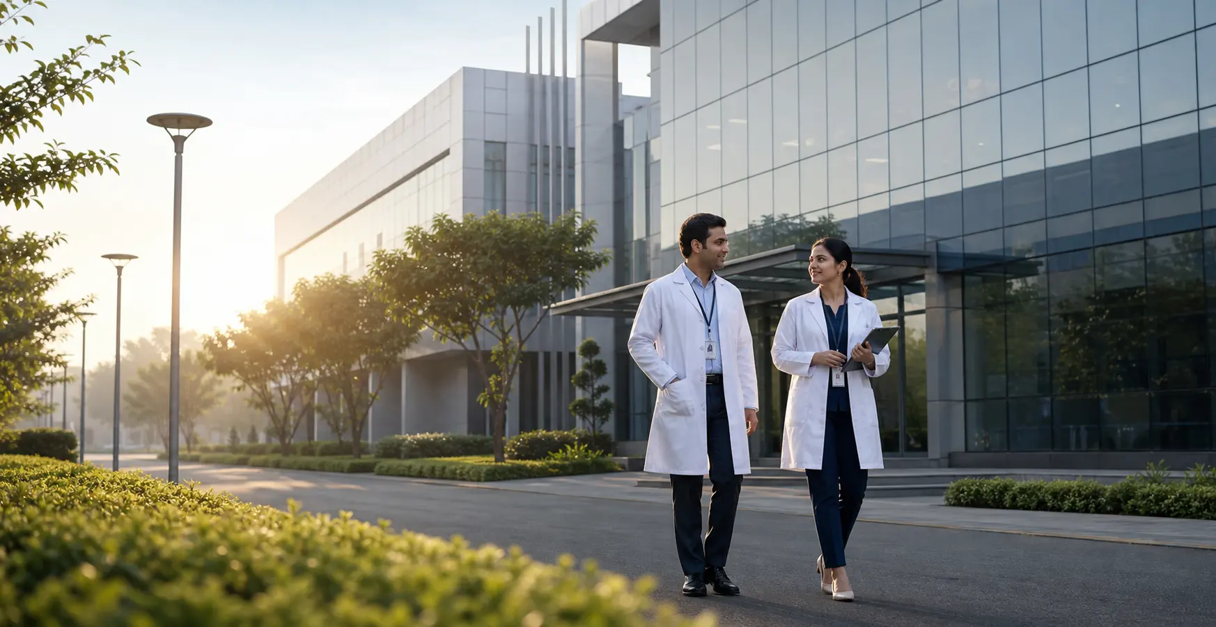 Vellmark team members walking outside a modern pharmaceutical campus