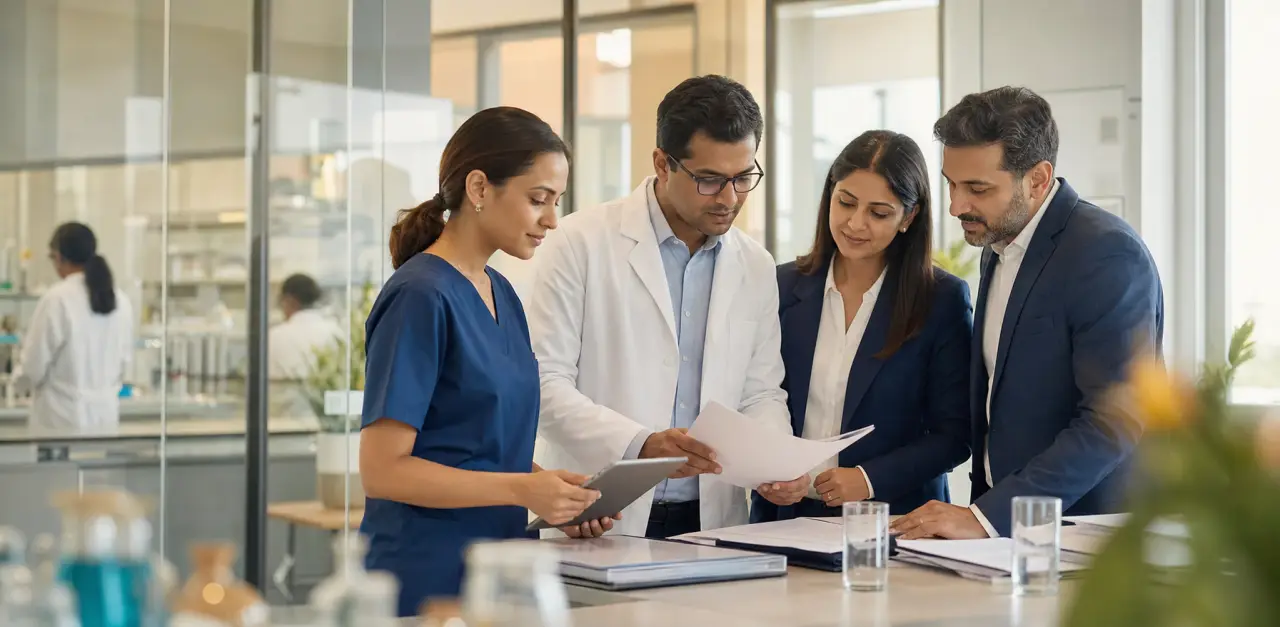 Healthcare and pharmaceutical professionals reviewing care documents in a modern lab office