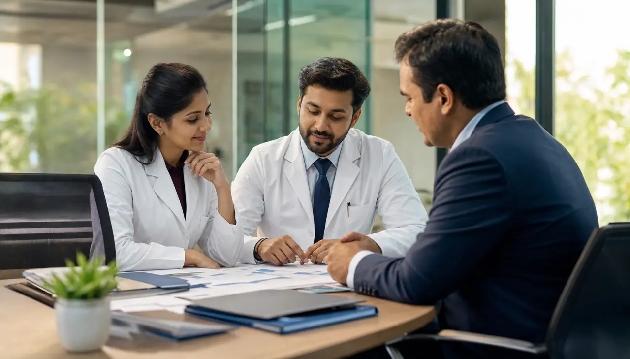 Pharmaceutical professionals discussing patient-first care in a modern meeting room