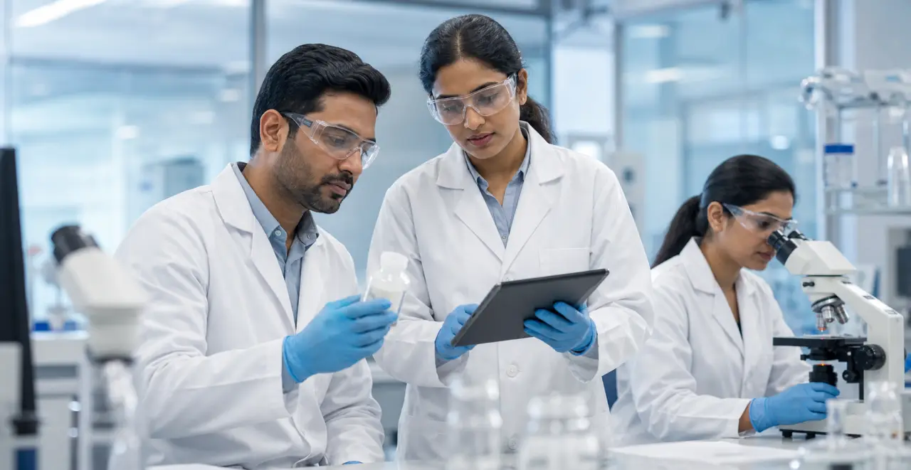 Vellmark scientists reviewing development work in a laboratory